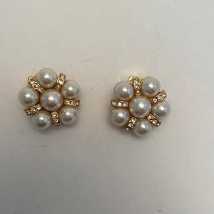 Pearl rhinestone and gold clip on earrings